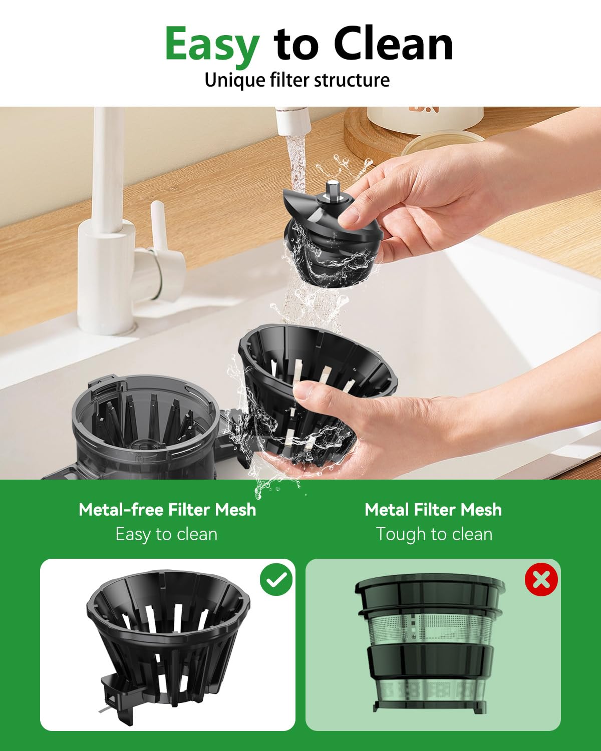 VVAKAM juicer with easy-clean design and brush for quick cleanup.