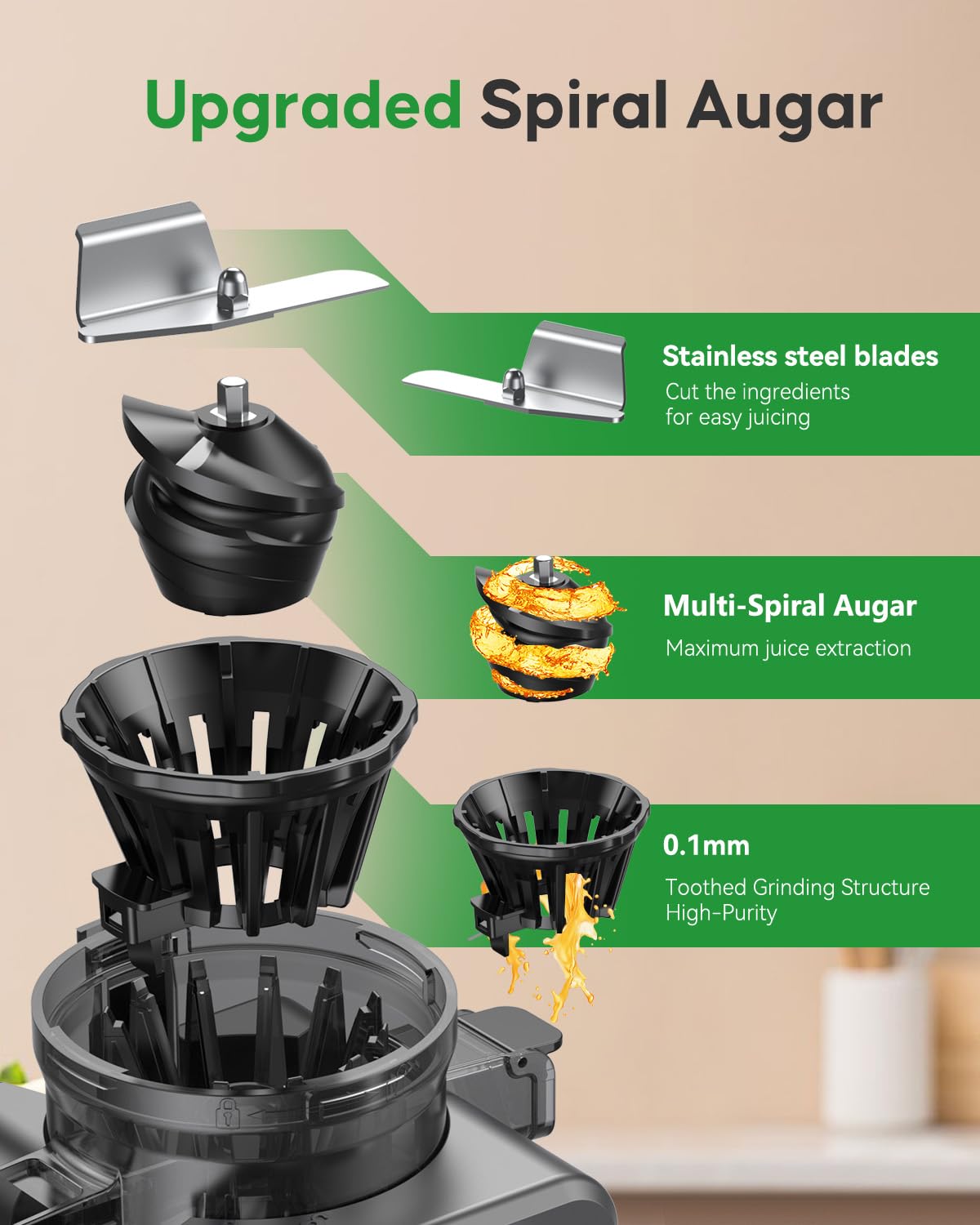 VVAKAM masticating juicer highlights slow pressing for better aroma and flavor.