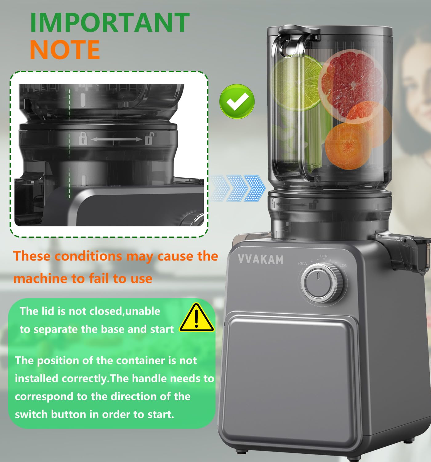 VVAKAM juicer demonstrates whole-fruit capability with minimal prep.
