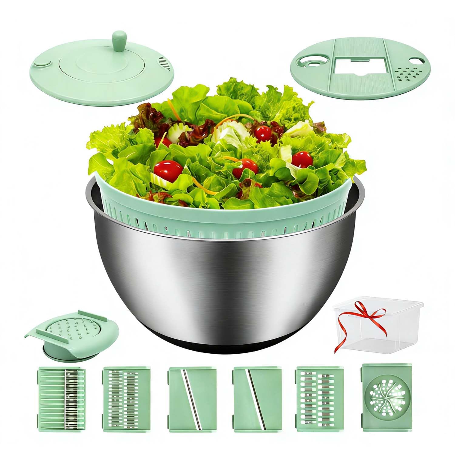 VVAKAM salad spinner large bowl showing 5.3QT capacity for family salads.