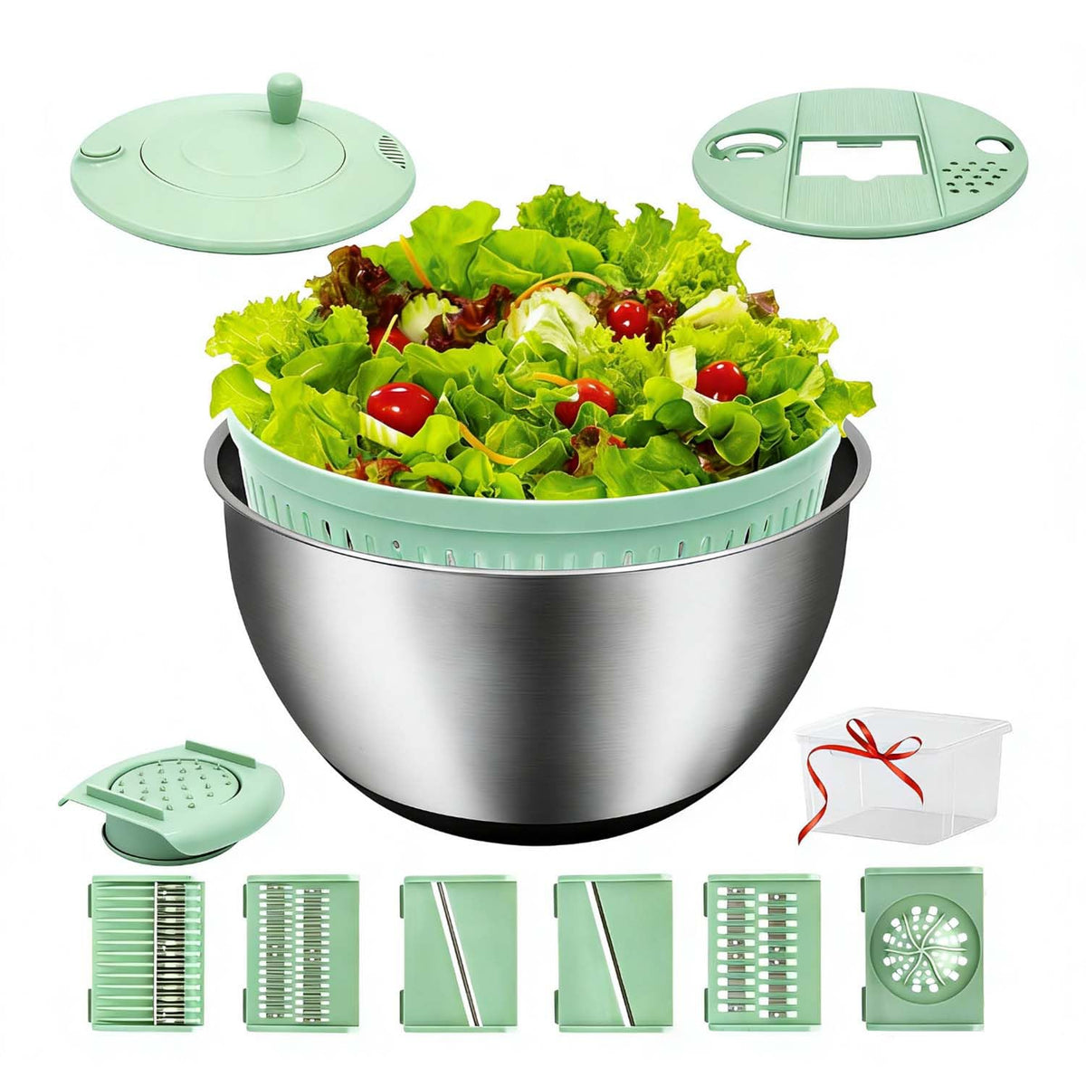 VVAKAM salad spinner large bowl showing 5.3QT capacity for family salads.