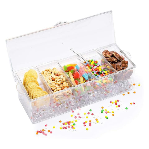 VWMYQ condiment server showcases clear walls for vibrant buffet visuals.