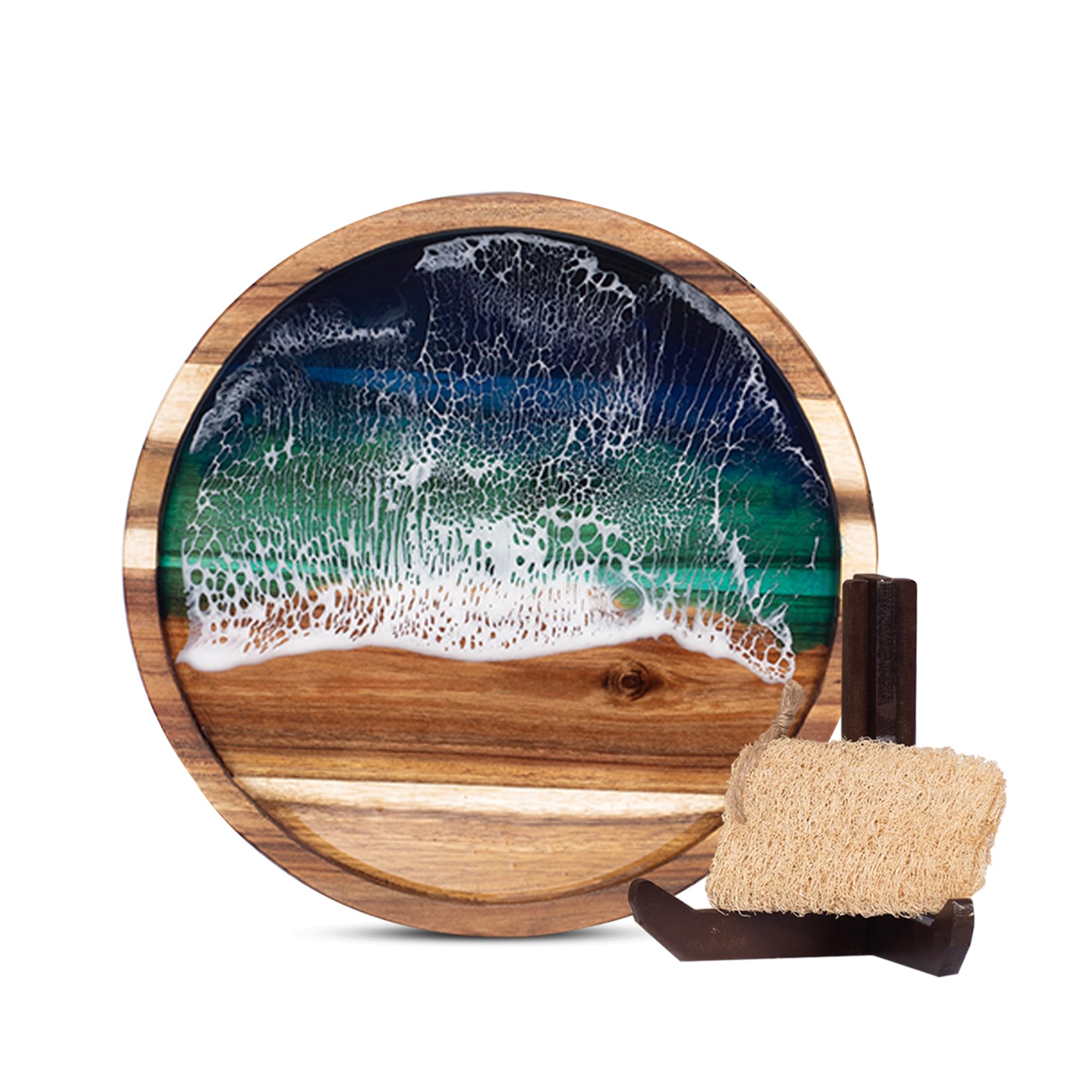 VWOOX acacia round tray with ocean resin art enhances elegant entertaining and food presentation.