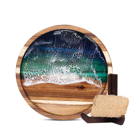 VWOOX acacia round tray with ocean resin art enhances elegant entertaining and food presentation.