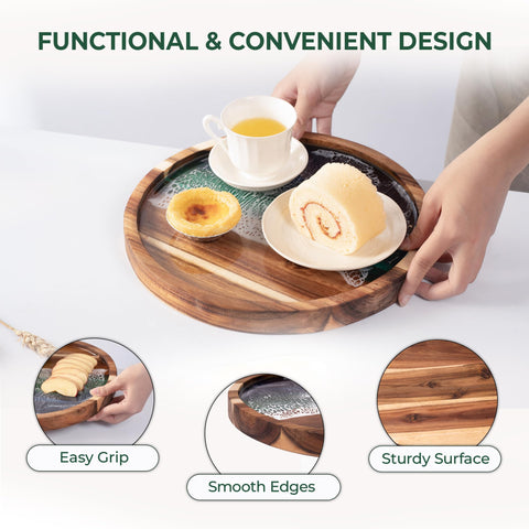 VWOOX round serving board with stand for easy guest display.