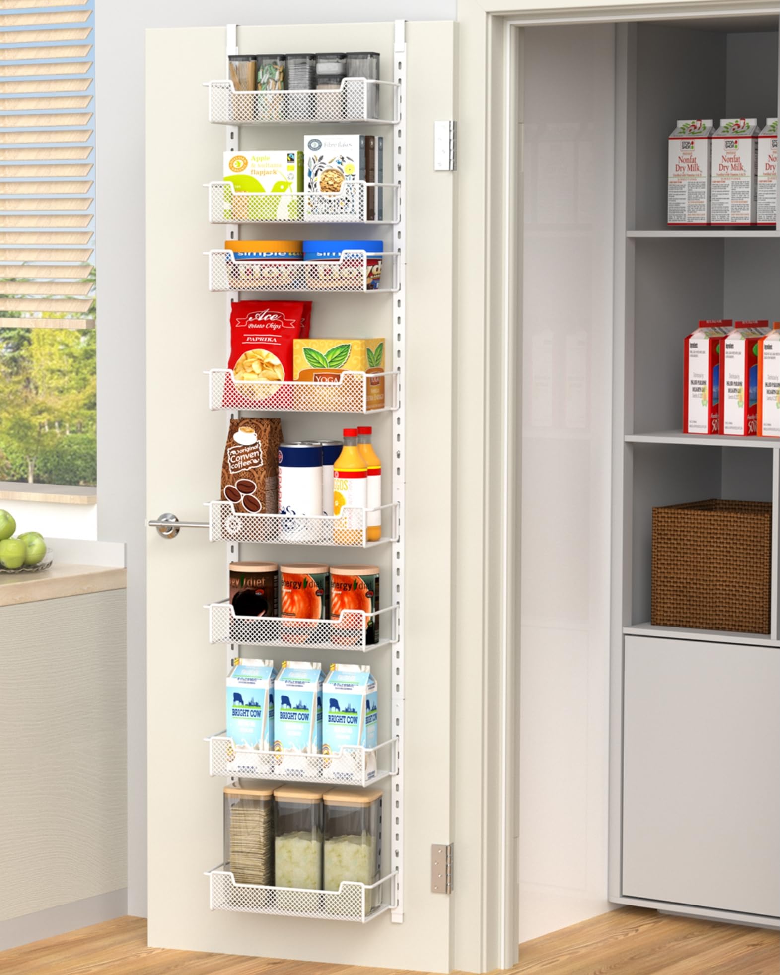 VyGrow 12.3-inch wide over-the-door pantry organizer showing eight baskets for storage