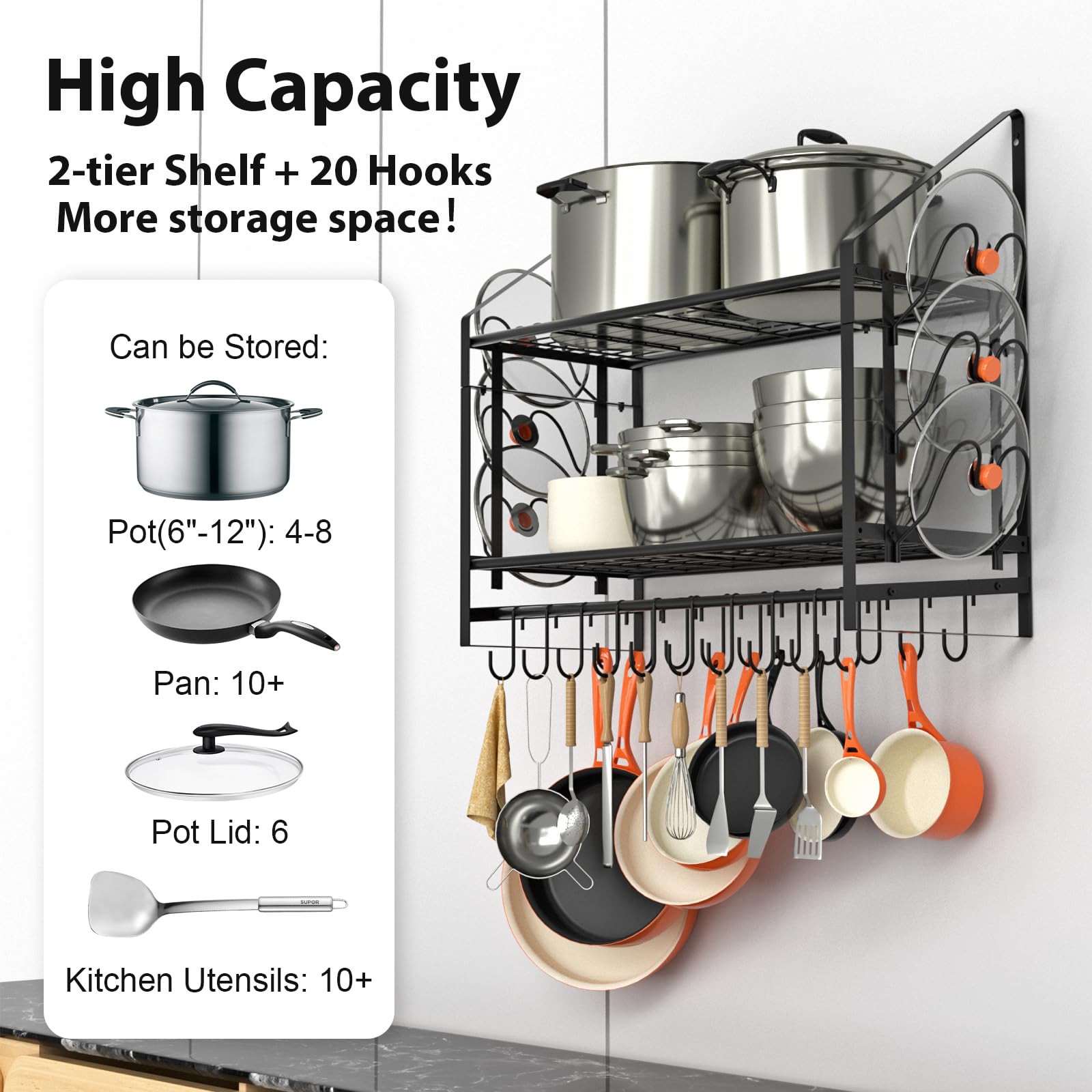VyGrow 20 hooks and 6 lid holders for versatile hanging storage.