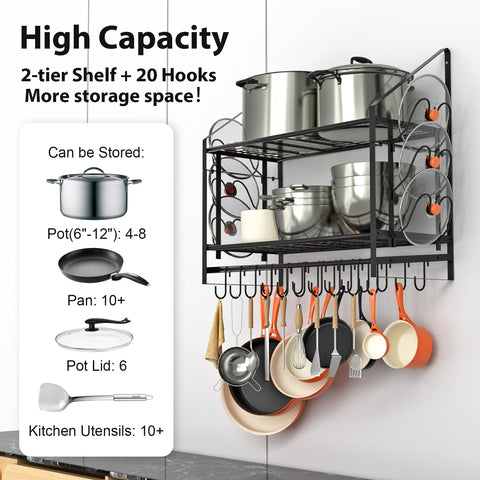 VyGrow 20 hooks and 6 lid holders for versatile hanging storage.