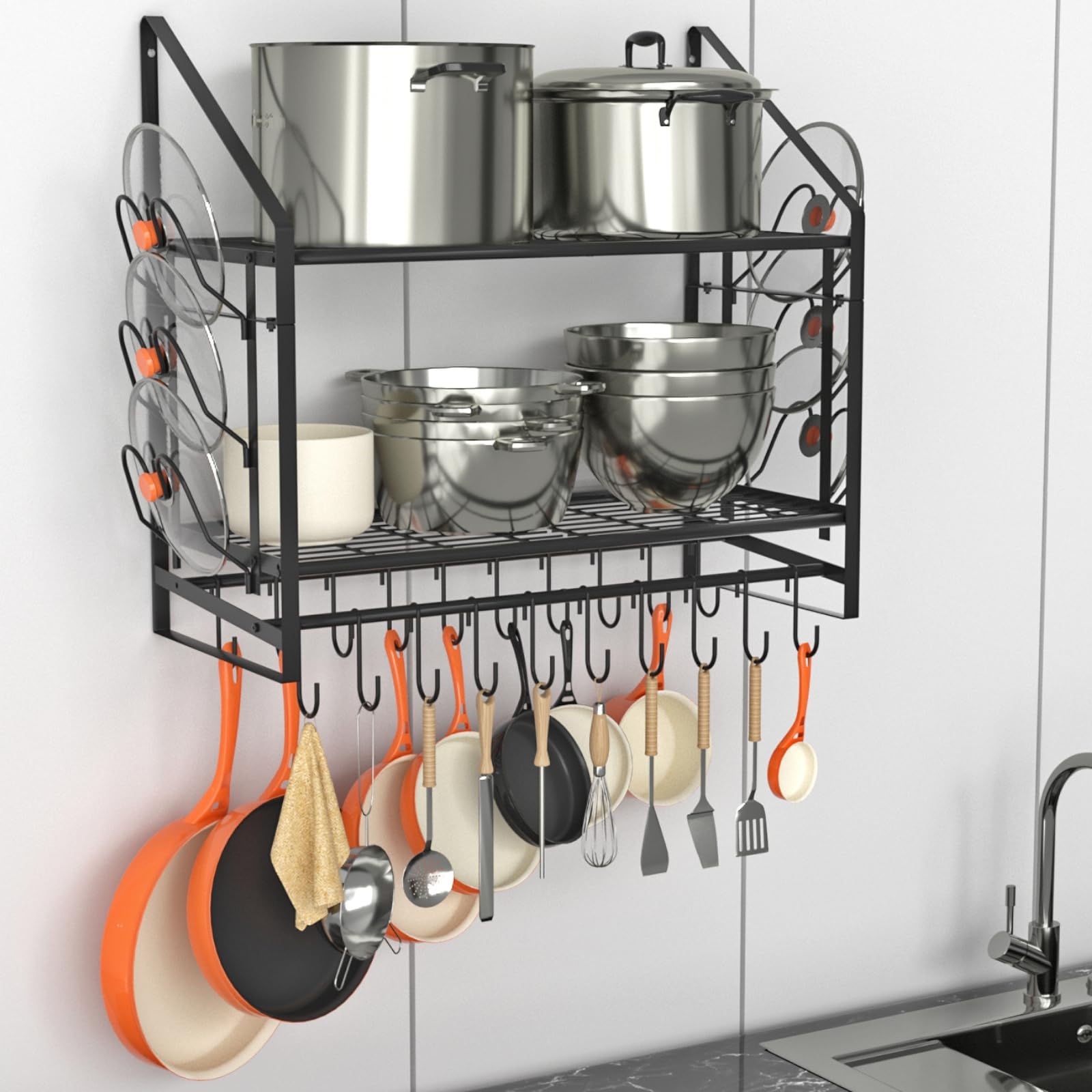 VyGrow 28-inch pot rack wall-mounted for organized cookware storage.