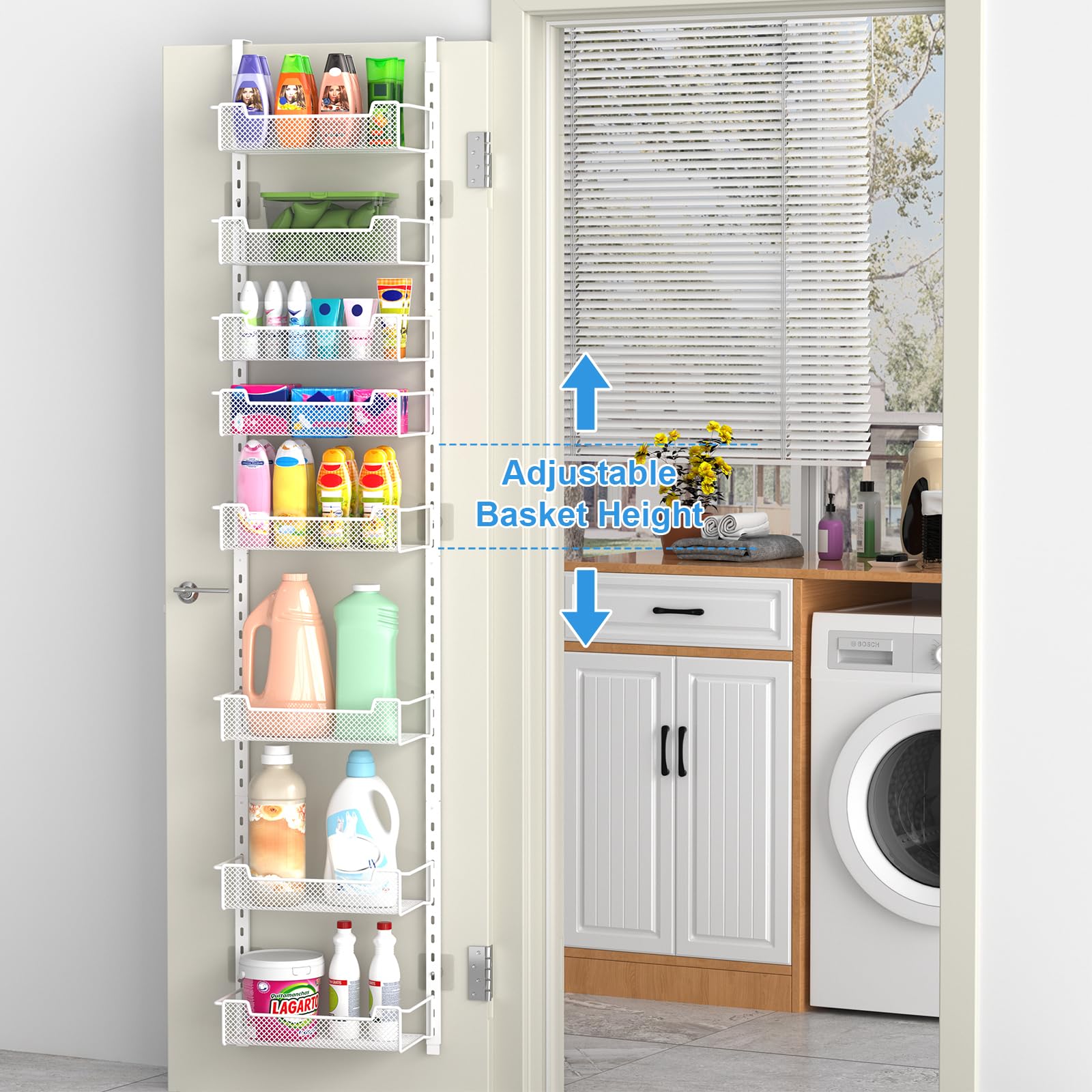 VyGrow eight-basket adjustable over-door storage system suitable for kitchen or bathroom items