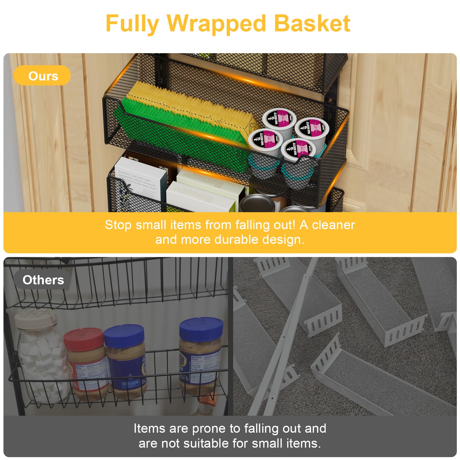 VyGrow enclosed mesh close-up shows secure backing to prevent items from tipping.