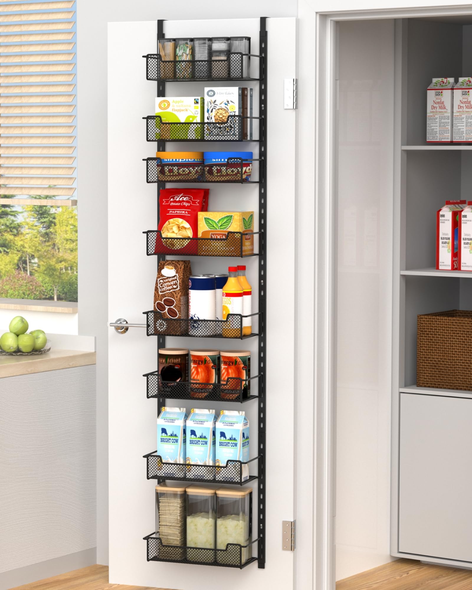VyGrow narrow door pantry organizer with eight baskets for efficient storage.