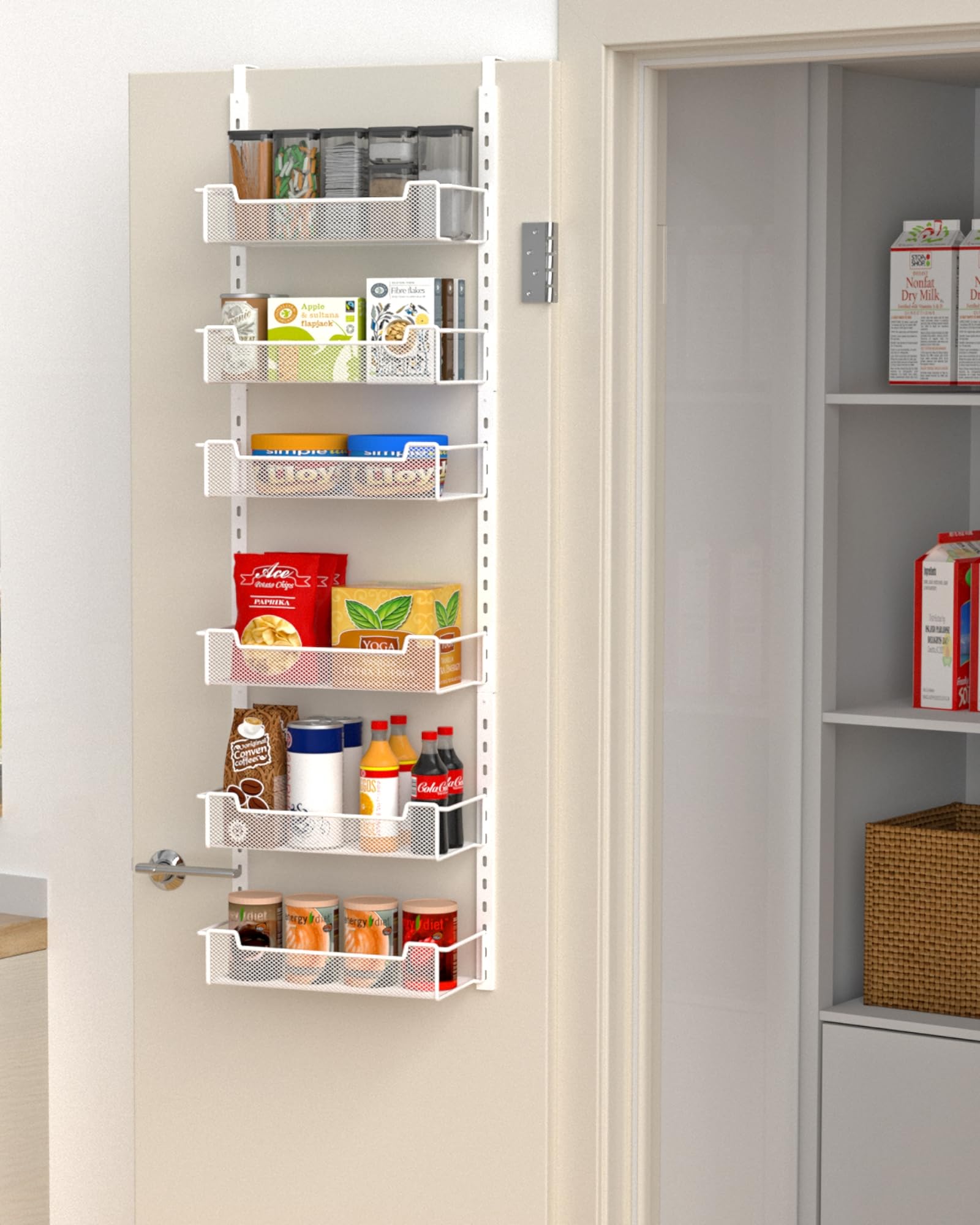 VyGrow over-door pantry organizer with six baskets optimizes space in small kitchens.