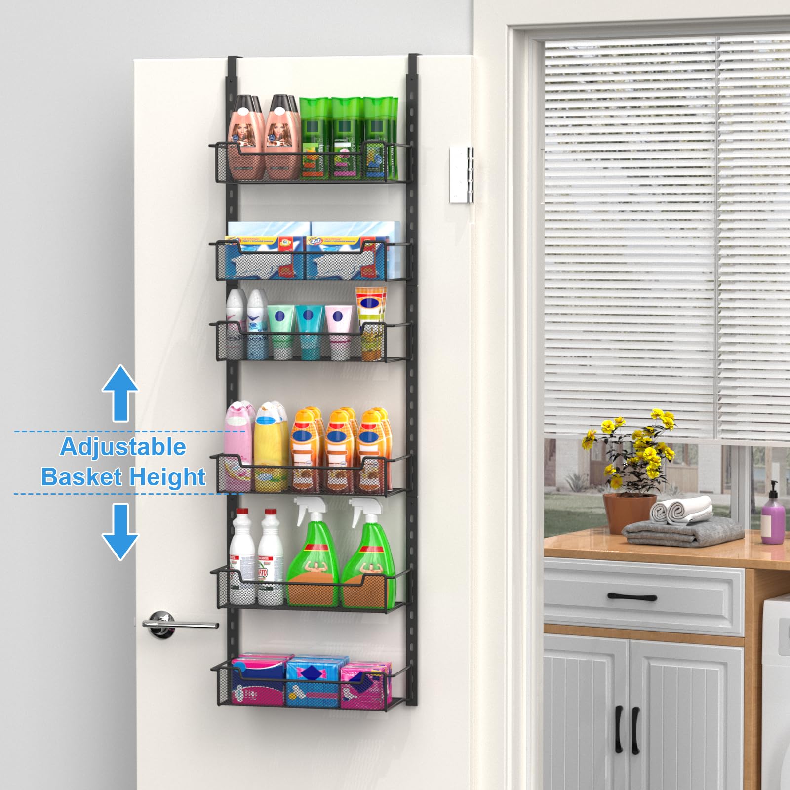 VyGrow adjustable six-basket rack for flexible storage on pantry doors