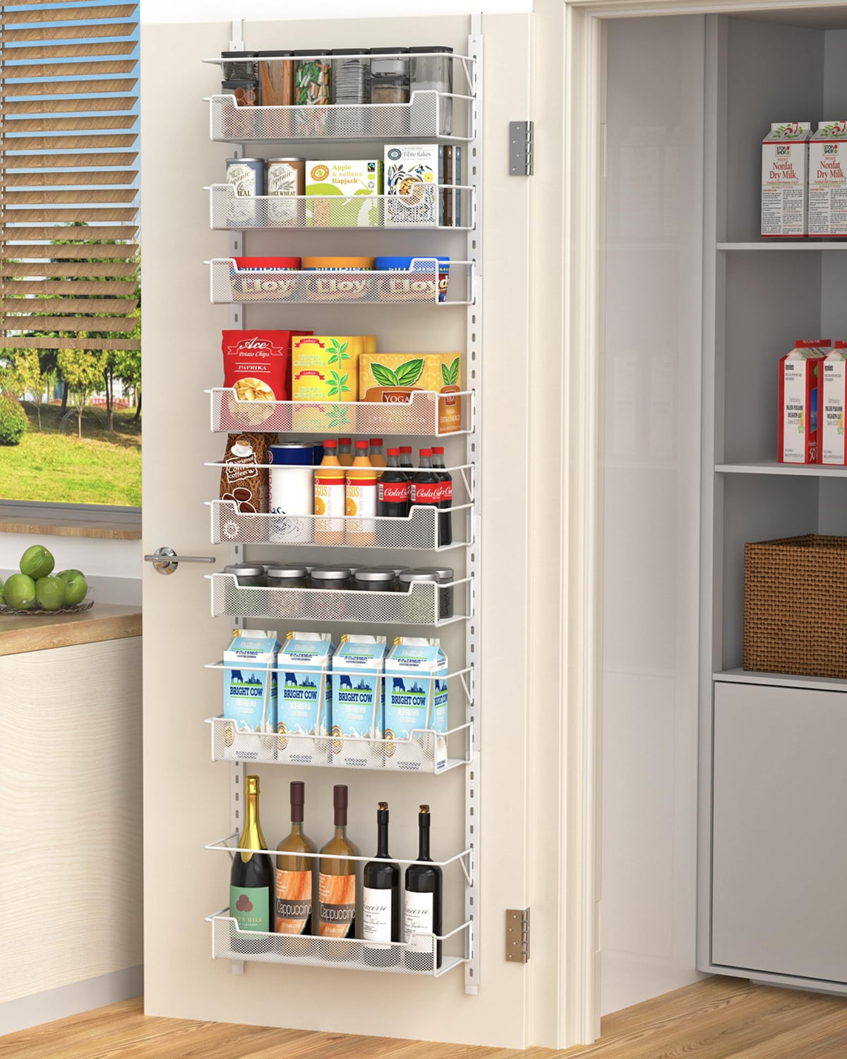 VyGrow over-the-door pantry organizer top view highlighting eight baskets for kitchen storage