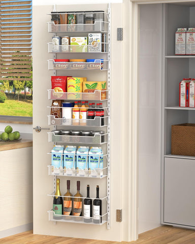 VyGrow over-the-door pantry organizer top view highlighting eight baskets for kitchen storage