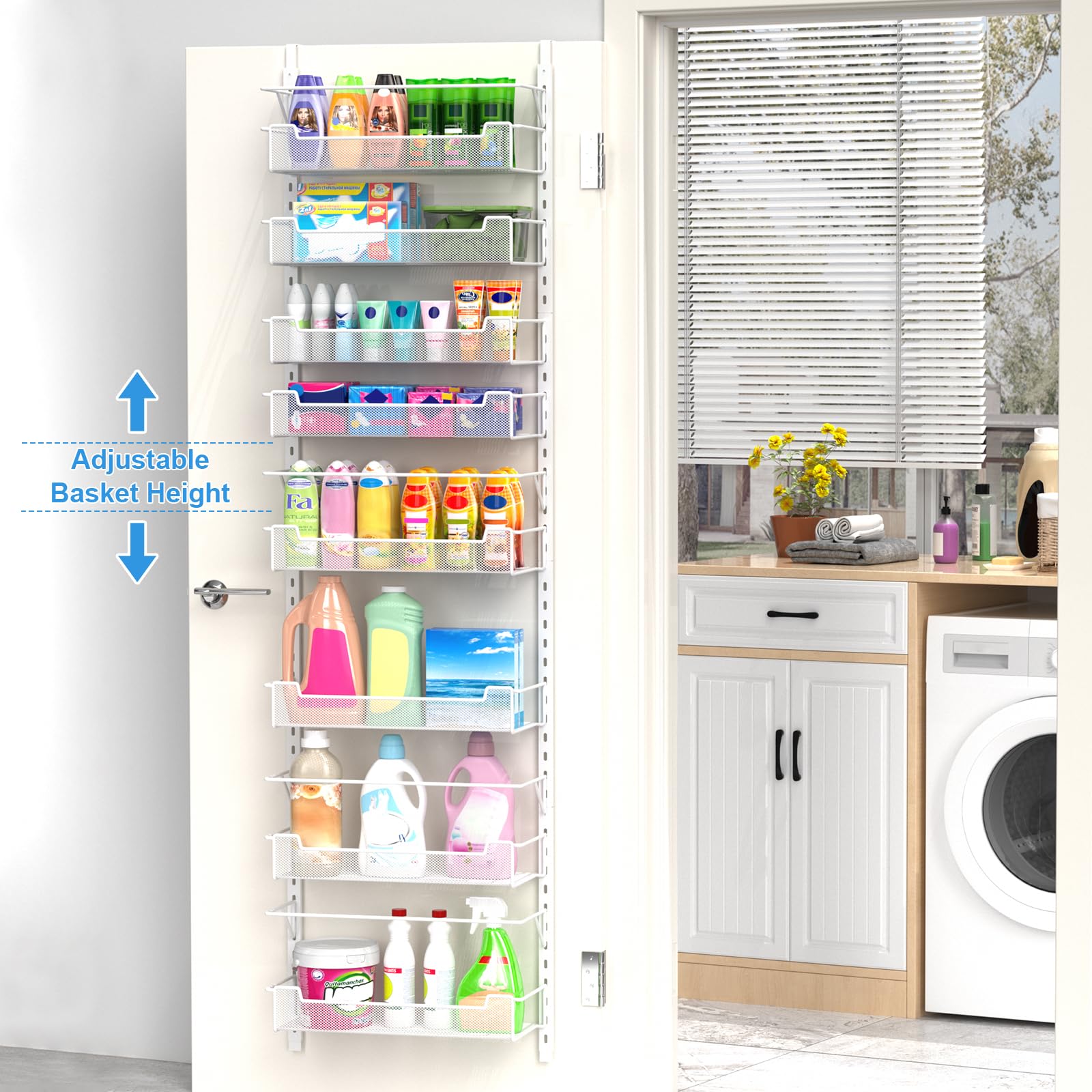 VyGrow pantry door rack with adjustable baskets showing flexible organization