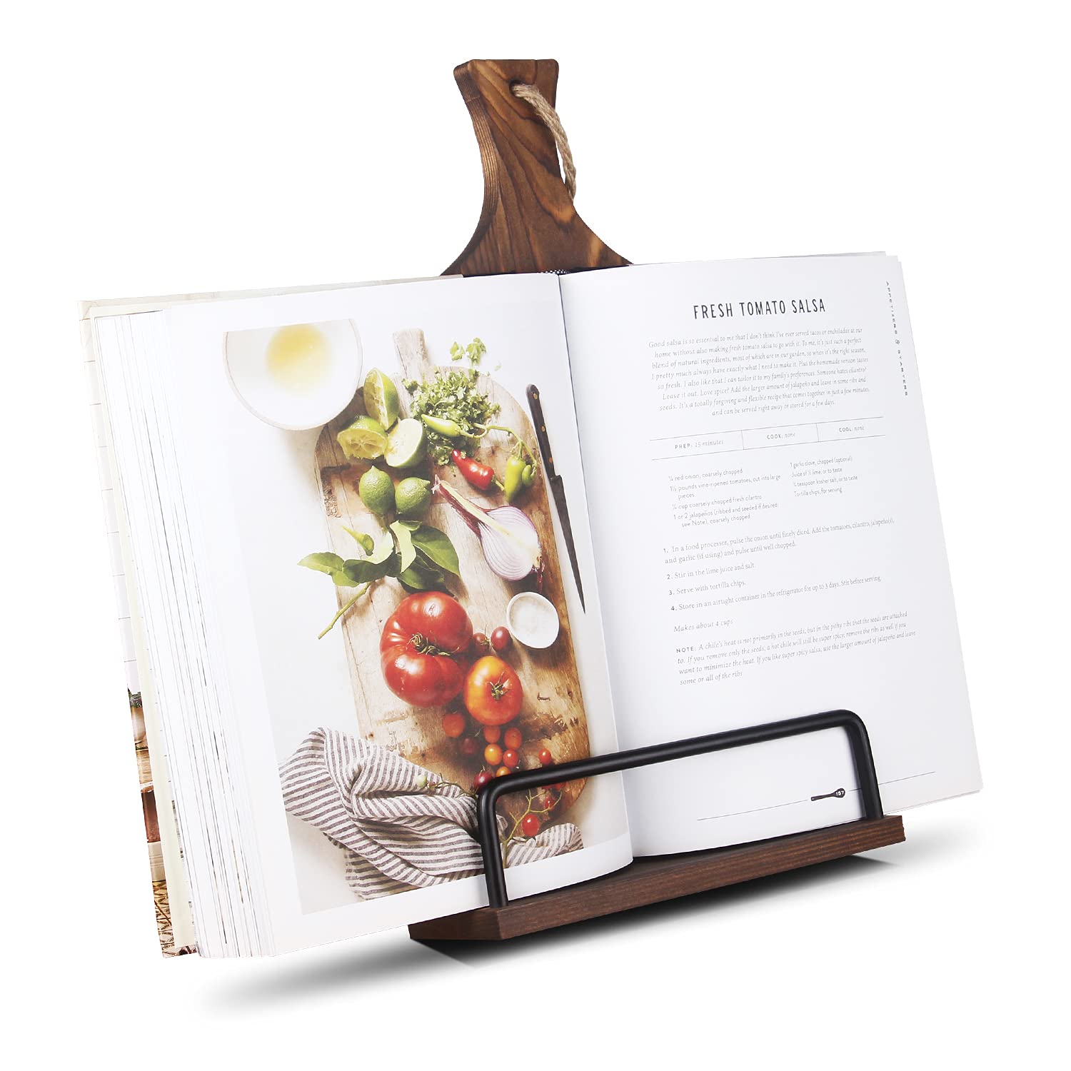 VYNOPA cookbook stand with wood grain holding a recipe open for hands-free cooking