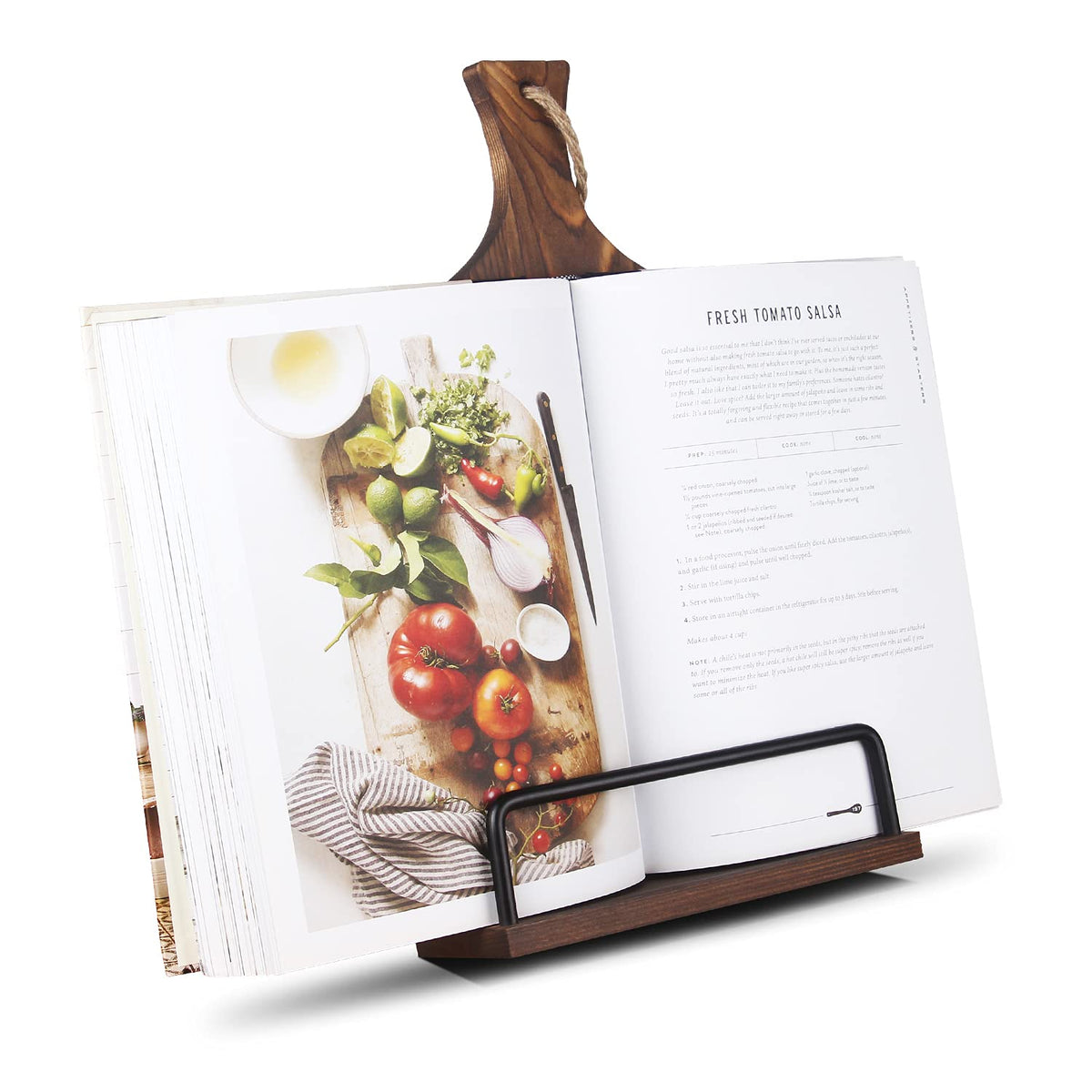 VYNOPA cookbook stand with wood grain holding a recipe open for hands-free cooking