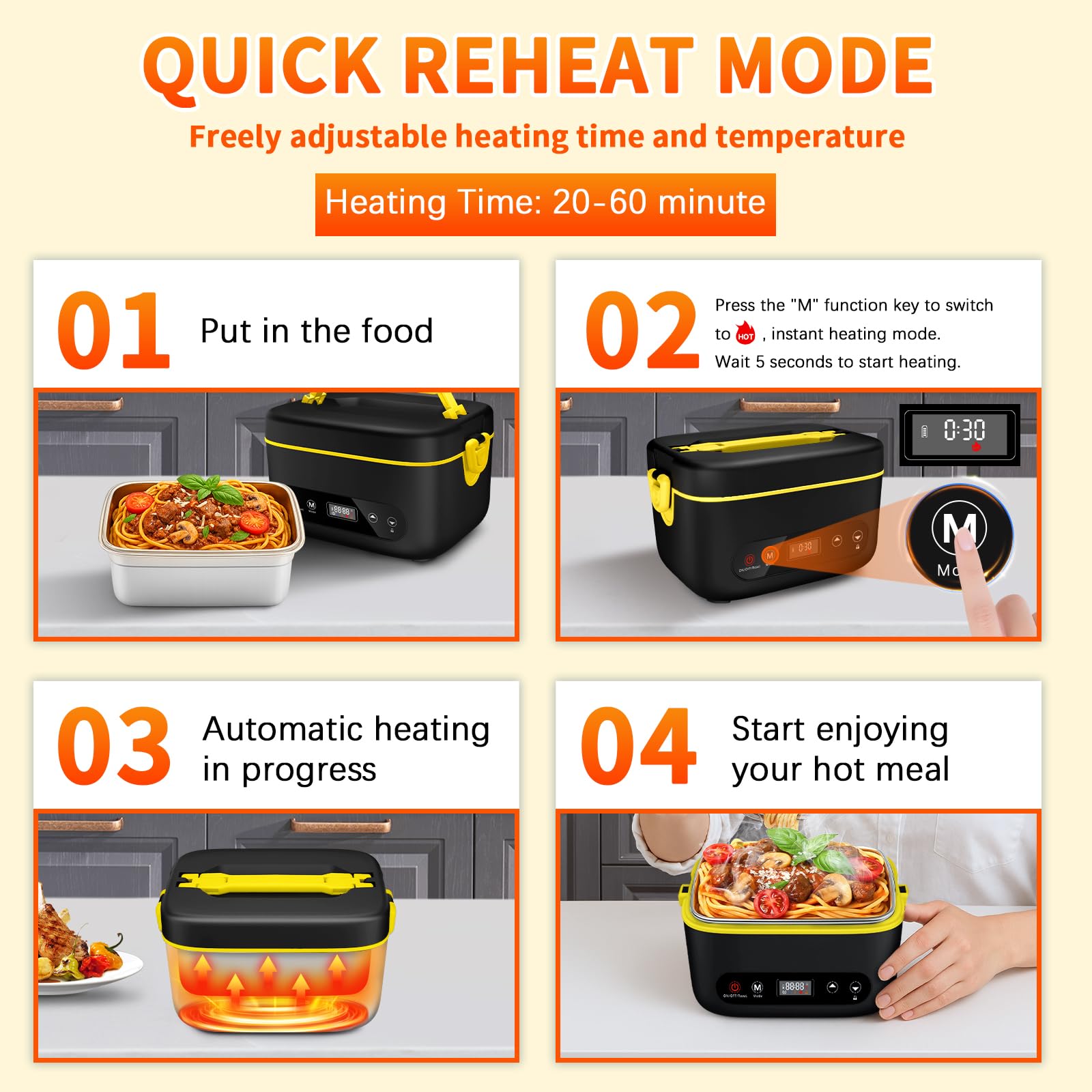VYRALOFT cordless lunch box open-compartment highlights removable tray for easy reheating.