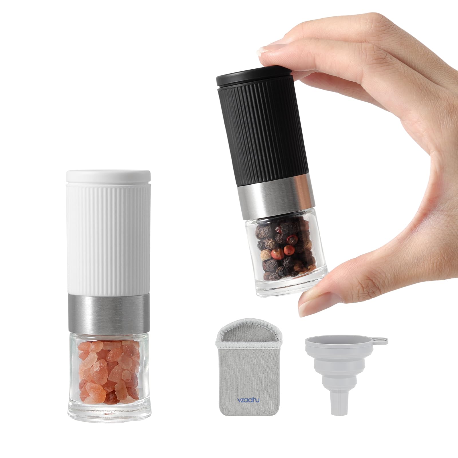 Vzaahu mini salt and pepper grinder set with bag for travel use.