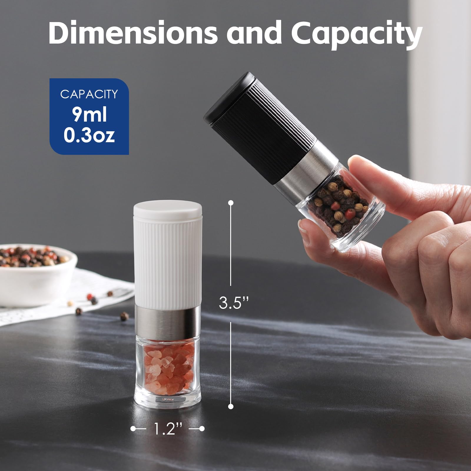 Vzaahu mini grinders with funnel for mess-free refilling on the go.