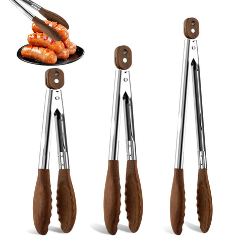 VZZNN 7-inch wooden tong close-up for delicate plating and nonstick protection.