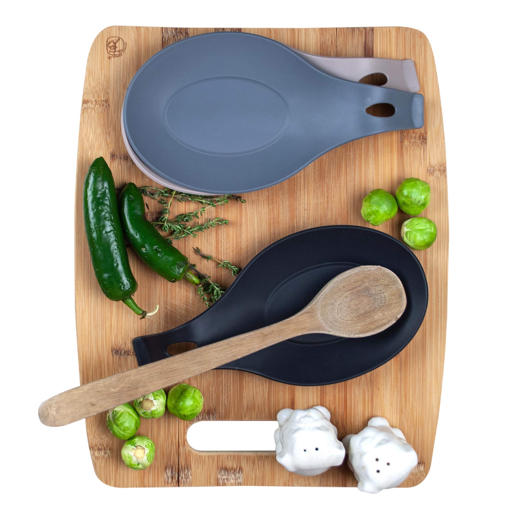 W. INNOVATIONS modern silicone spoon rests, top view, keeps utensils elevated and tidy.