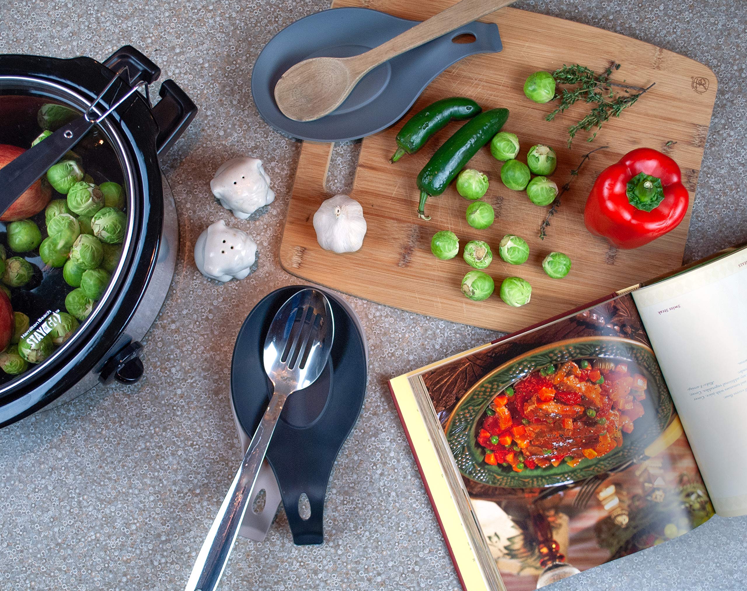 W. INNOVATIONS three-pack spoon rests shown on kitchen counter for versatile use.