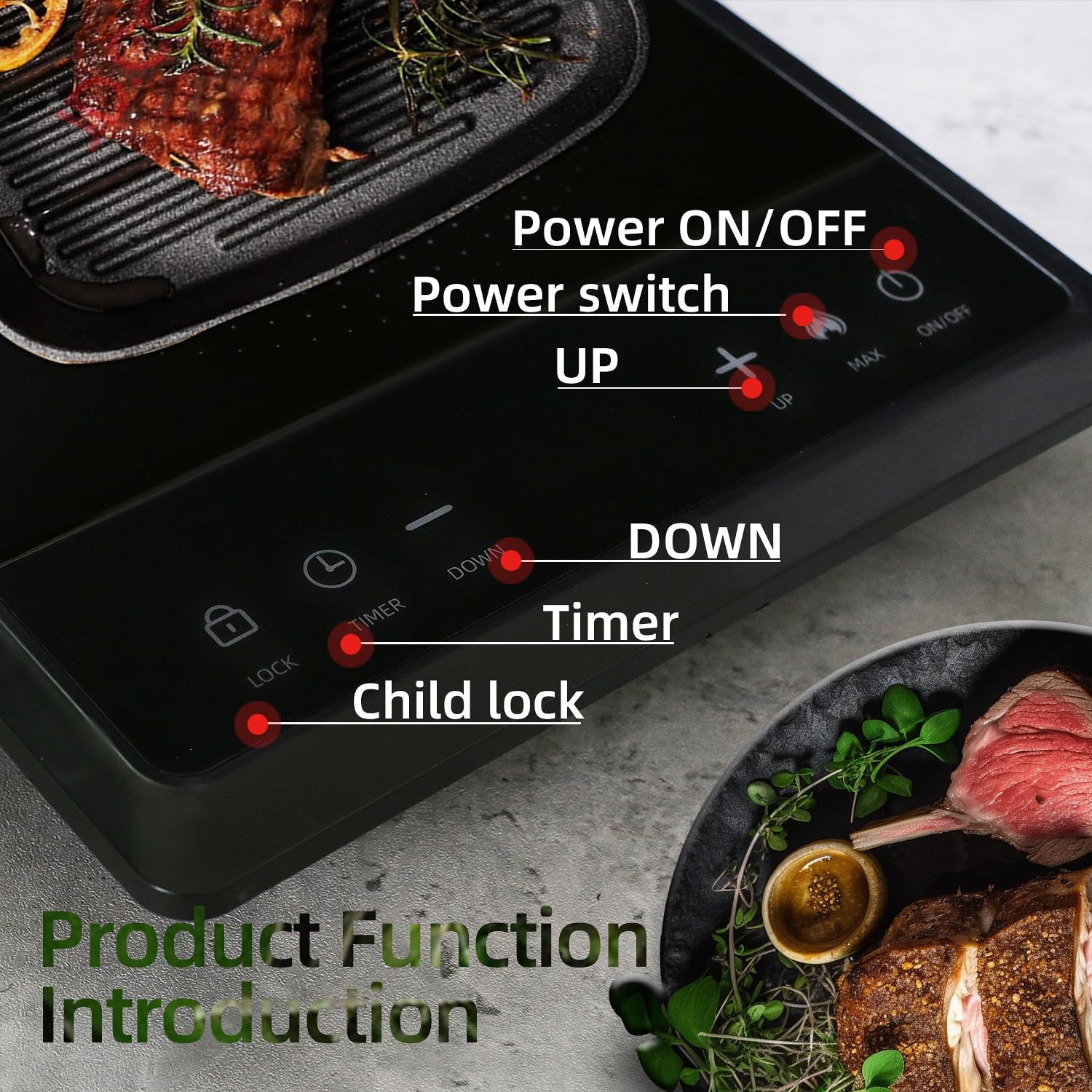 WAATFEET 1700W smart touch control panel for quick settings.