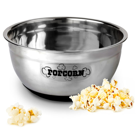 Wabash Valley Farms stainless steel popcorn bowl with 6-quart capacity for family movie nights.