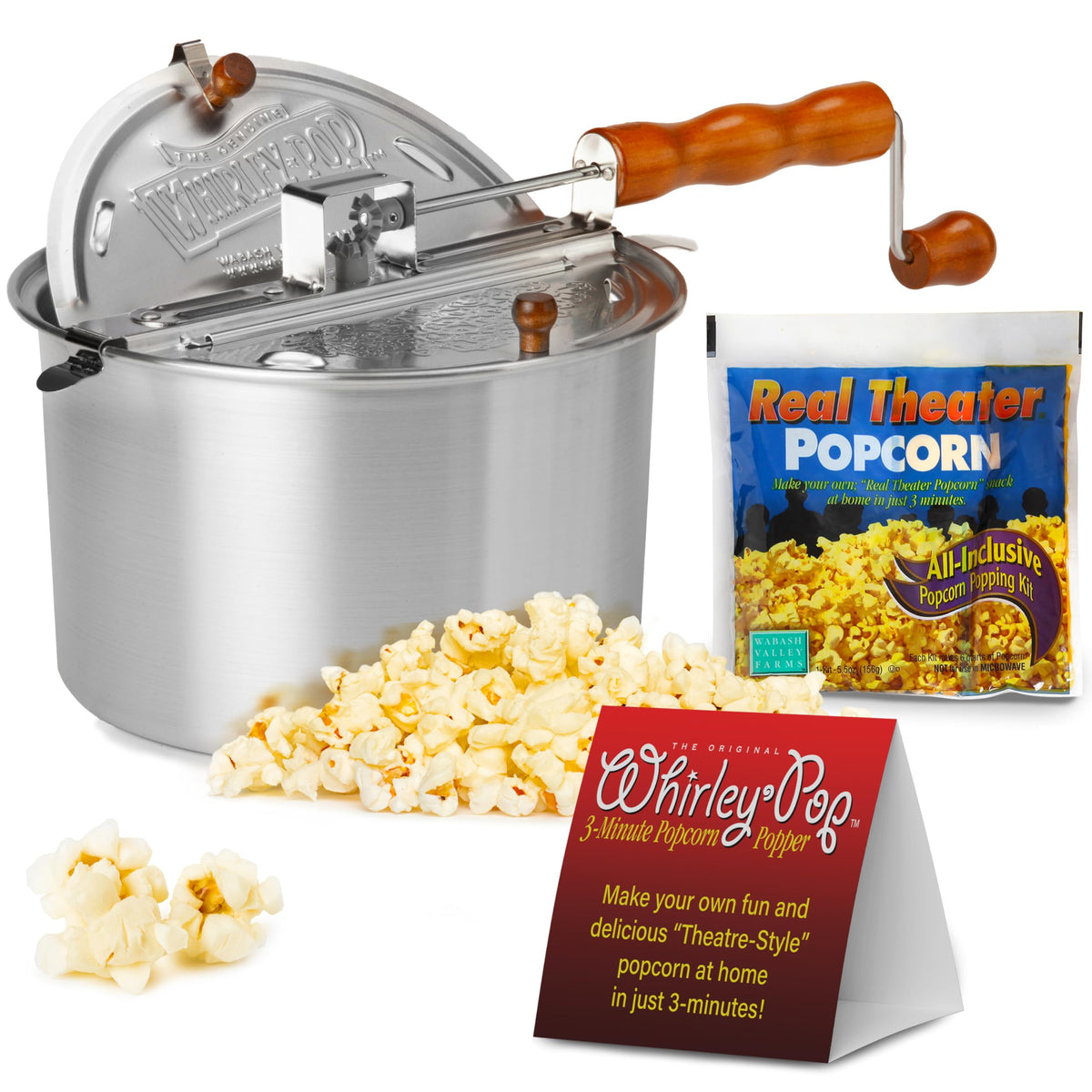 Front view of Wabash Valley Farms Whirley Pop Popcorn Popper showing durable aluminum build for fast popping