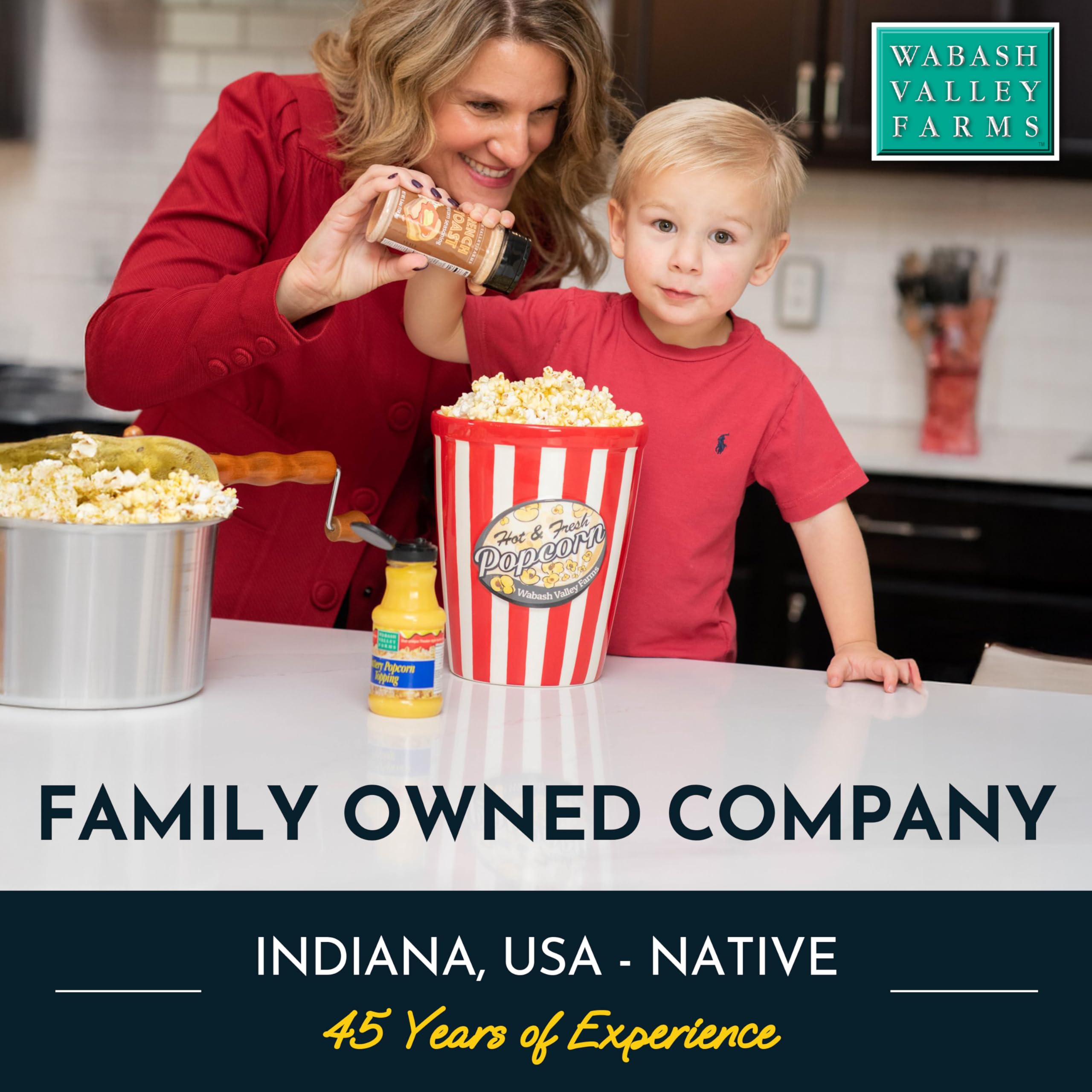 Wabash Valley Farms Whirley Pop Popcorn Popper shown on a stove, compatible across gas, electric, and glass tops