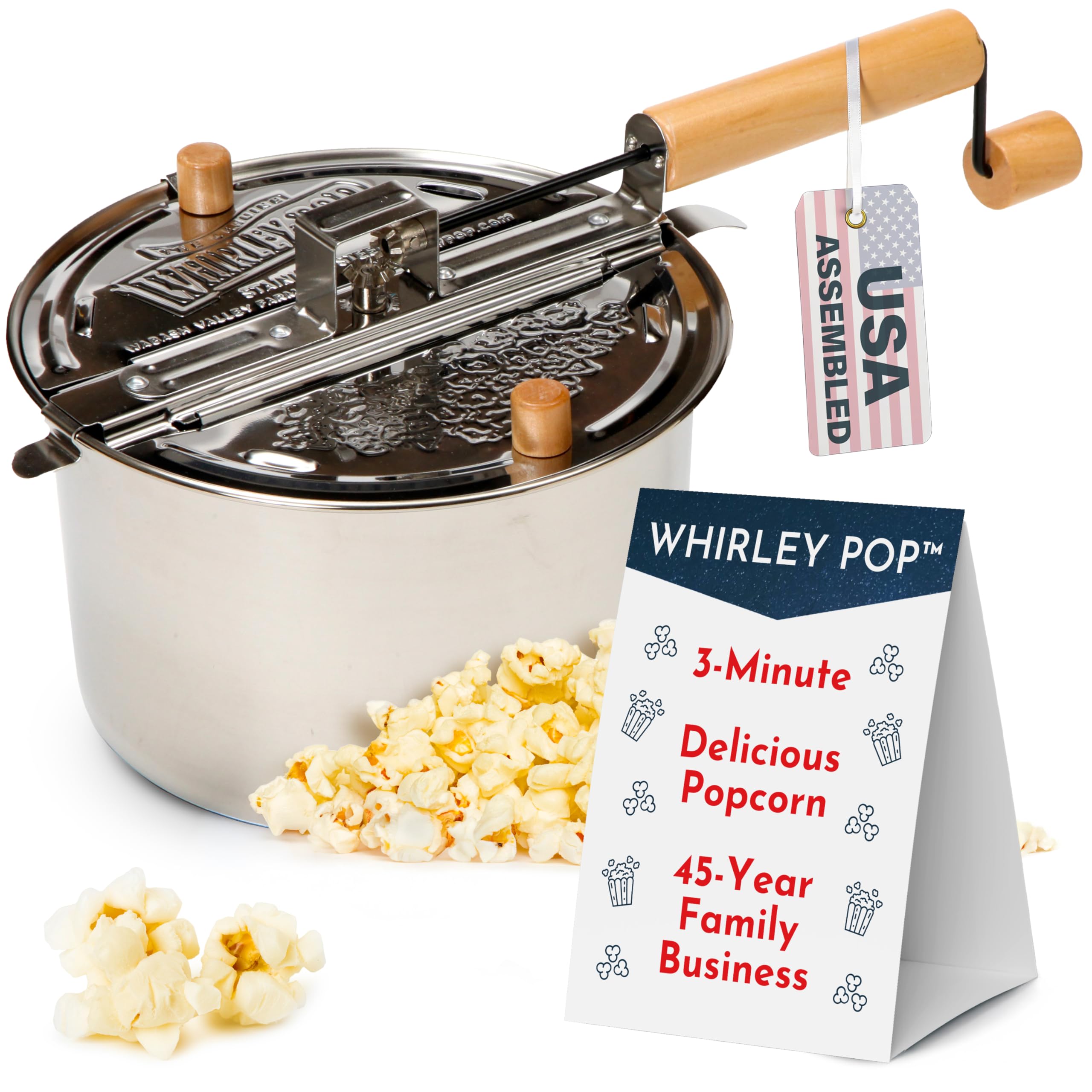Wabash Valley Farms Whirley Pop on stove showing the stirring mechanism for even popping