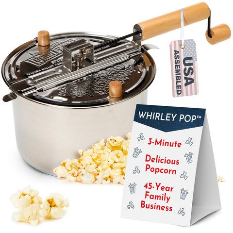 Wabash Valley Farms Whirley Pop on stove showing the stirring mechanism for even popping