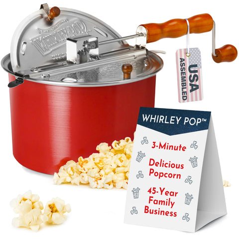 Wabash Valley Whirley Pop red front view showing theater-style popcorn ready