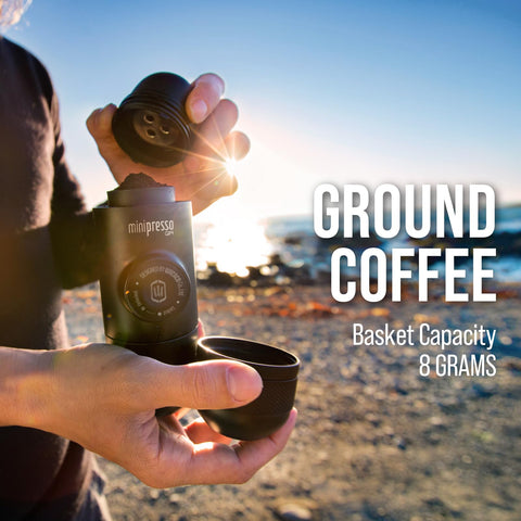 WACACO Minipresso GR manual pump enables power-free espresso extraction.
