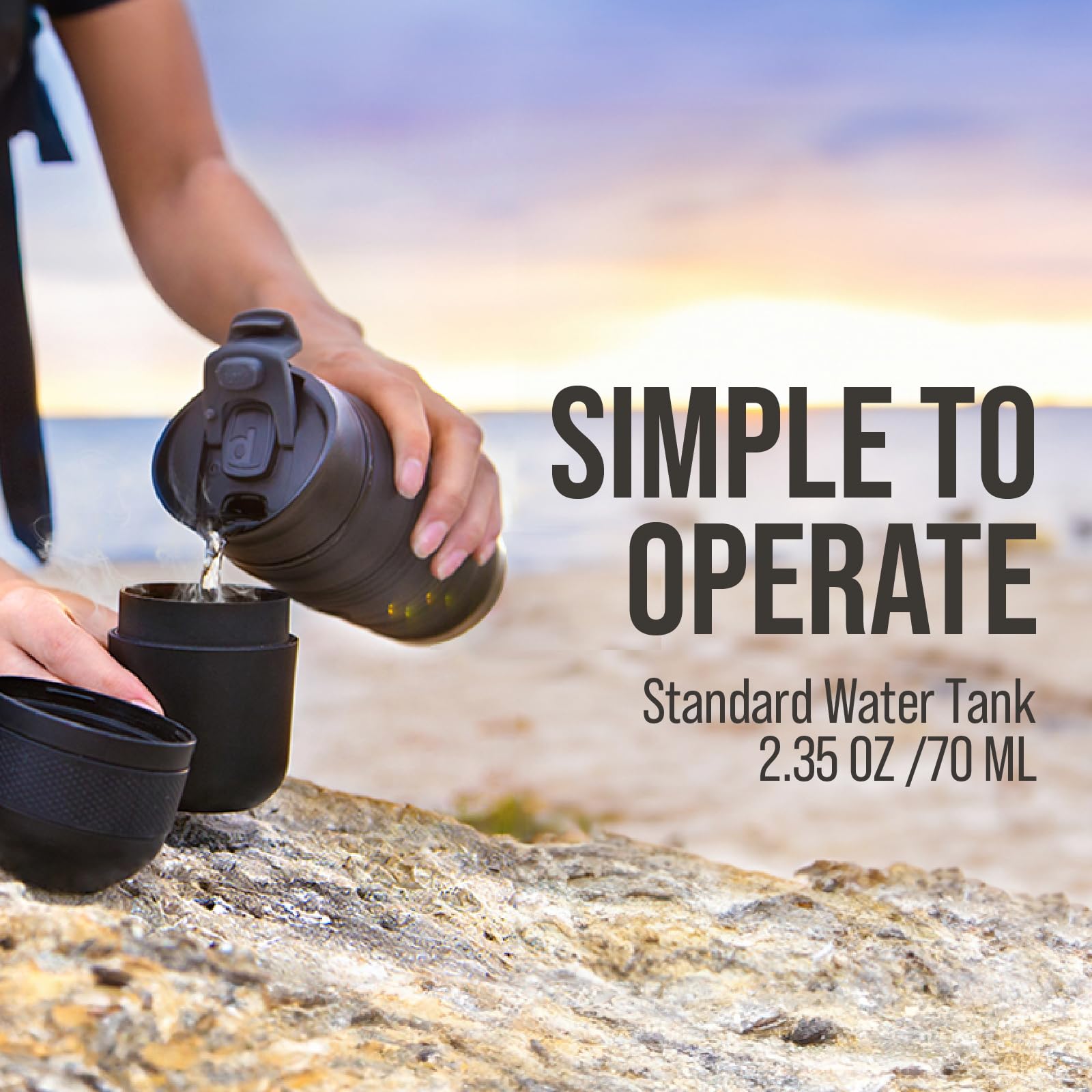 WACACO Minipresso GR water tank with 70 ml capacity for quick brews.
