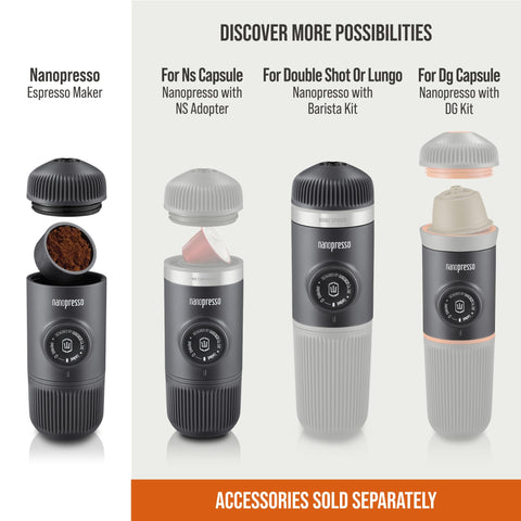 Nanopresso hand-pump action delivering up to 18 bars for crema-rich espresso