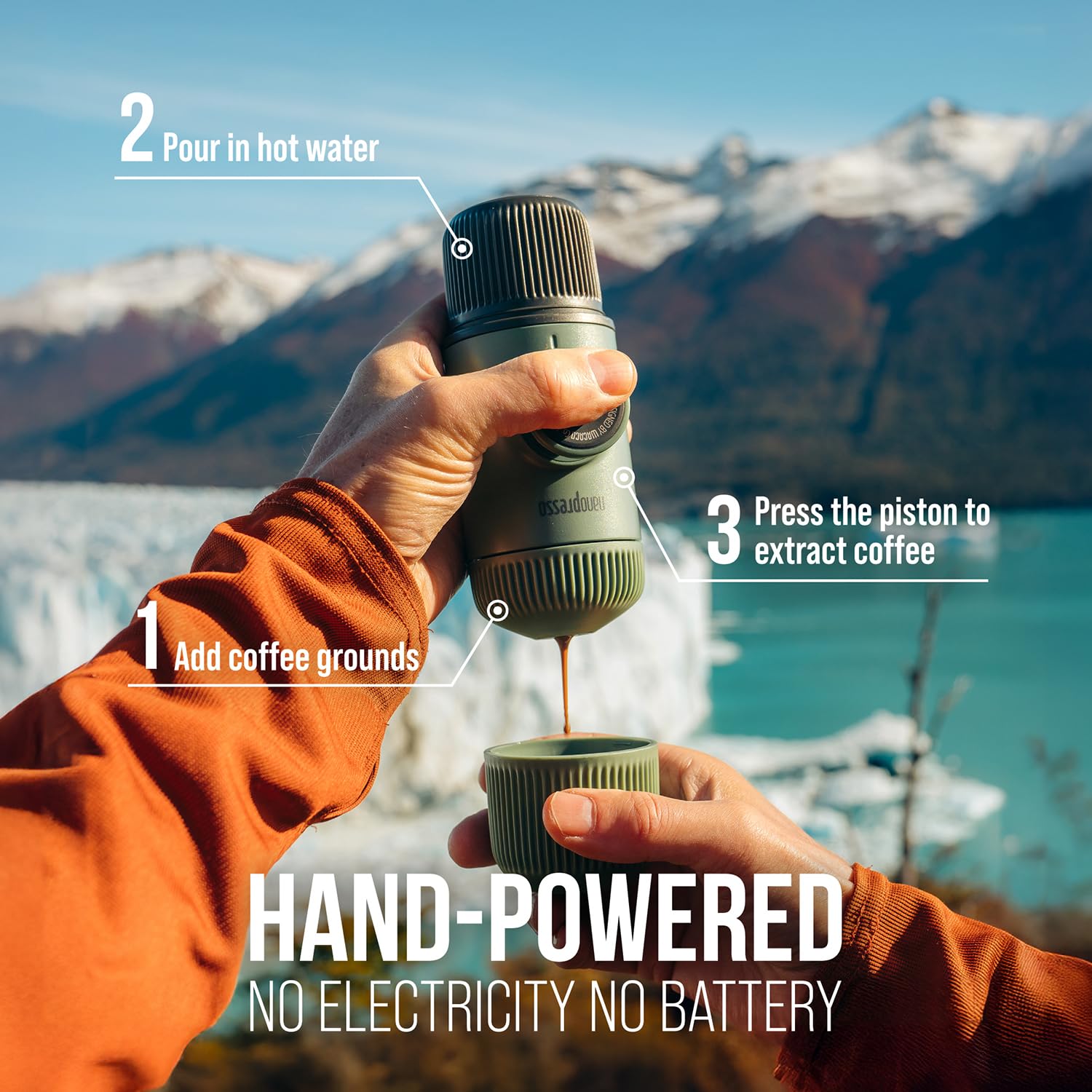 Dense crema espresso shot brewed with Nanopresso manual extraction.