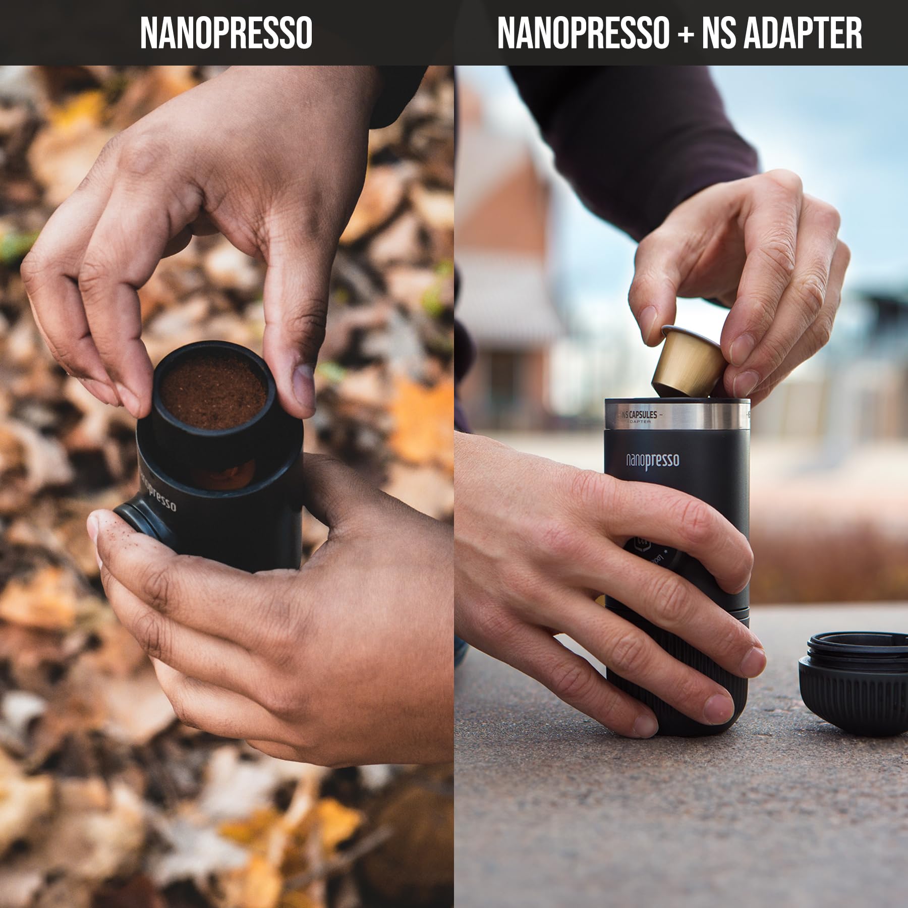 Close-up of the NS Adapter with Nanopresso, enabling capsule compatibility on the go.