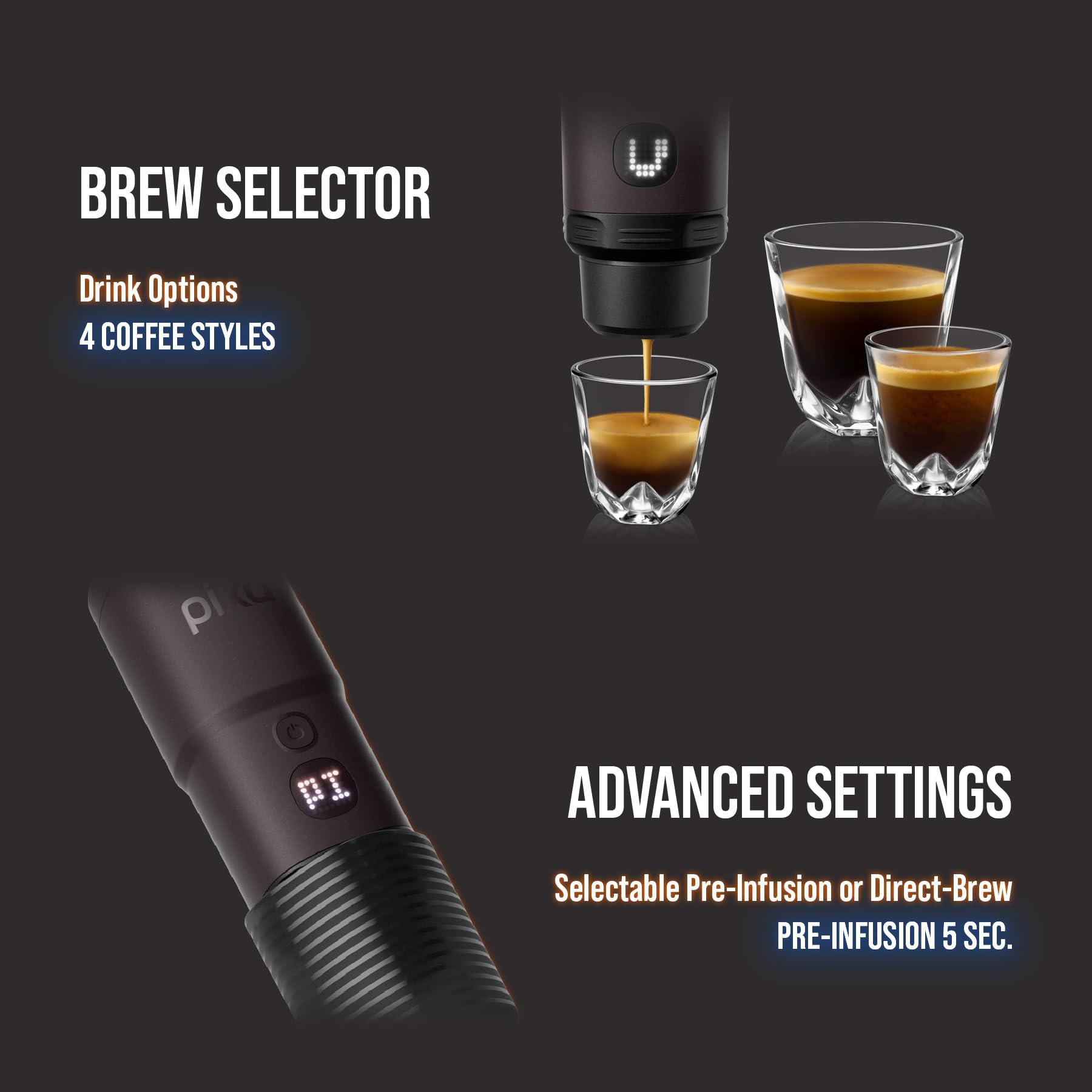 Pixapresso supports ground coffee or NS capsules for flexibility.
