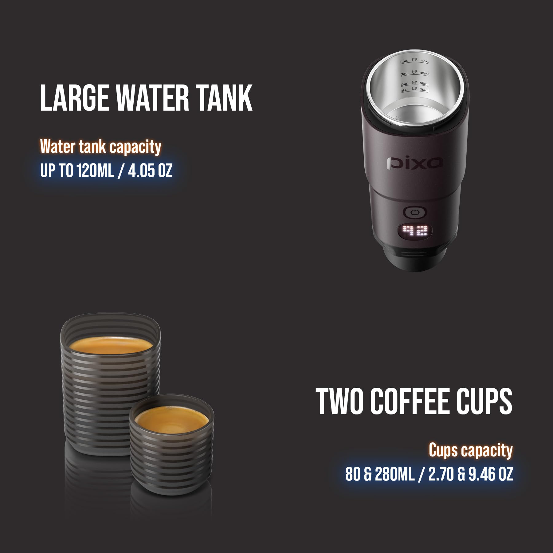 Pixapresso large water tank powers two cups of espresso in one session.