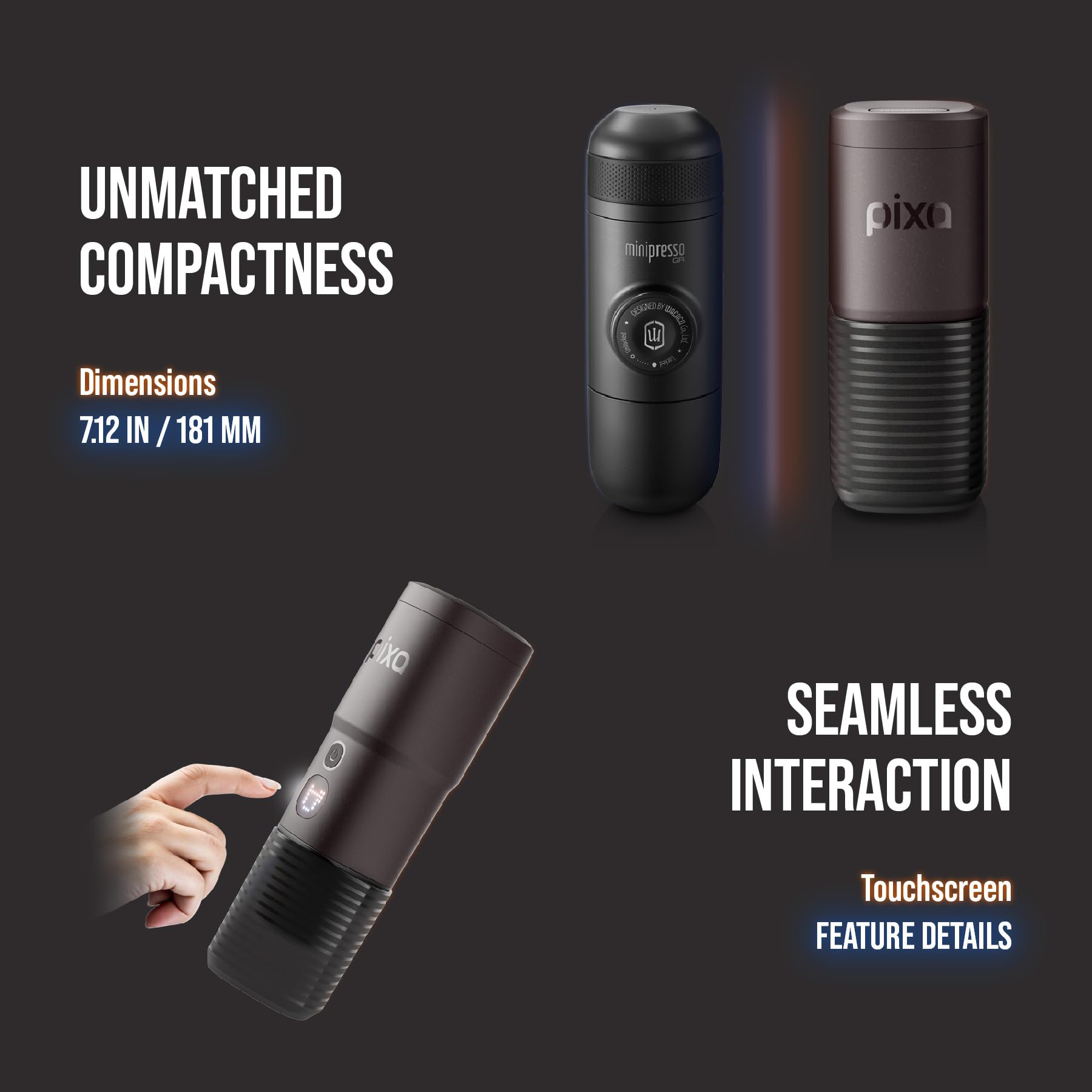 Pixapresso one-button operation enables quick espresso on the go.