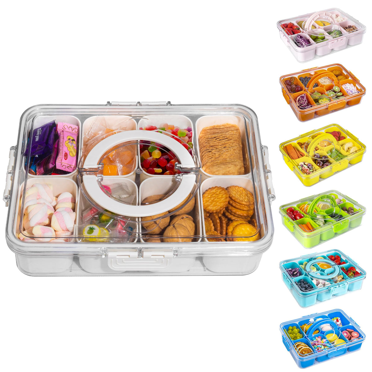 WACOI divided snack tray with lid and handle keeps snacks organized for travel.