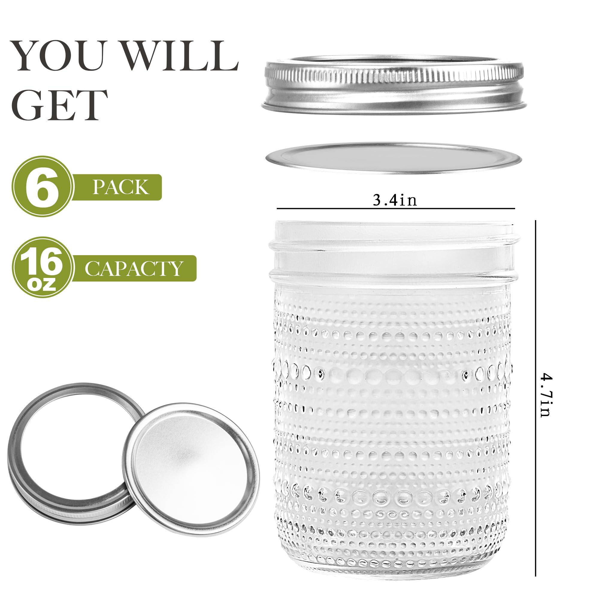 WACOI hobnail textured mason jar 16oz with lids—stylish pantry storage.