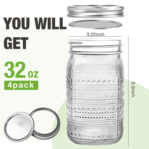 WACOI Mason Jars 32 oz airtight lid assembly keeps contents fresh and leak-free