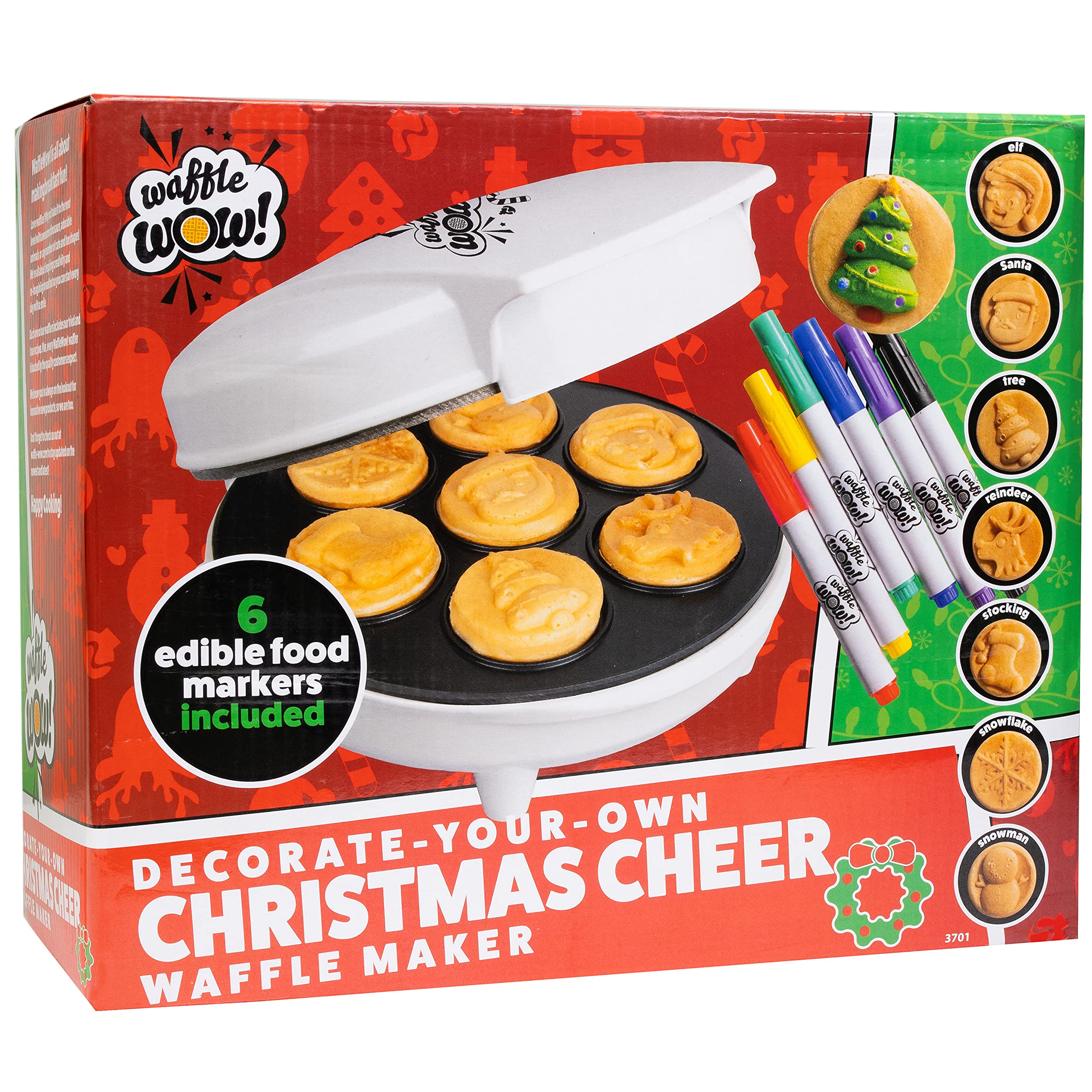Waffle Wow Christmas tree and snowflake designs on waffles