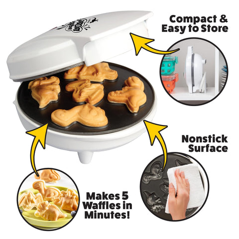 Waffle Wow dino waffle maker releases waffles cleanly from nonstick plates.