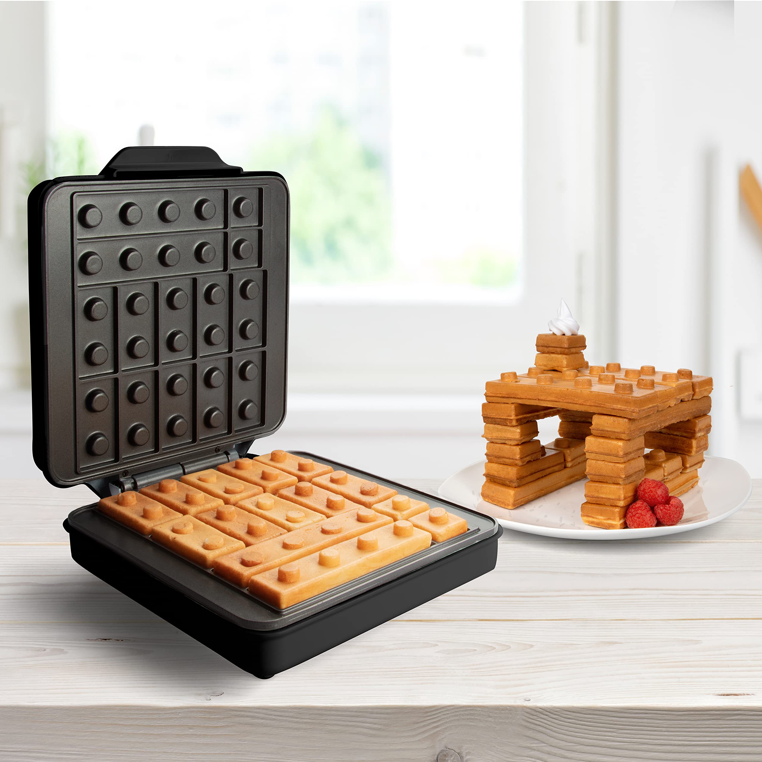 Waffle Wow dishwasher-safe plates simplify cleanup after building sessions.